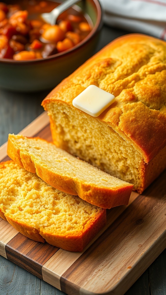 Easy Bread Machine Cornbread Recipe A golden loaf of cornbread sliced on a wooden board with butter melting on top, alongside a bowl of chili.